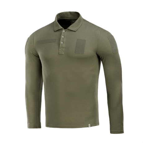 M-Tac Tactical Polo Shirt Langærmet 65/35 i grøn, designet til politi og sikkerhedspersonale med Velcro-paneler til patches og ID.