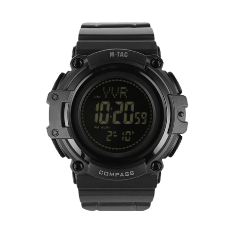 M-Tac Tactical Ur med Kompass 2233 i robust design, egnet for utendørs bruk, med LED-bakgrunnsbelysning, stoppur, alarm og 5ATM vannmotstand.