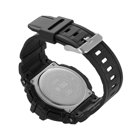 M-Tac Tactical Ur med Kompass 2233 sett bakfra, armbåndsur med holdbar ABS-plastkasse og stål bakdeksel, vannavvisende med batterikode CR2032.