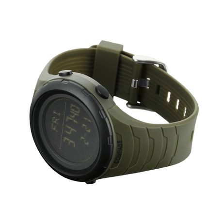 M-Tac Tactical Ur 2166 i militærgrønn med kompass, LED-bakgrunnsbelysning, stoppeklokke og robust ABS-plastkasse.