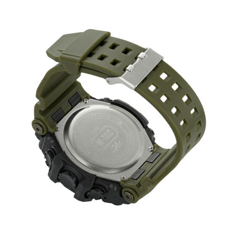 M-Tac Tactical Ur 2037 sett bakfra med stål baklokk og grønn rem, vanntett til 5ATM, robust design for utendørs bruk.