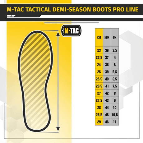 Størrelsesoversikt for M-Tac Taktiske Demi-Season Støvler Pro Line i cm, EUR og UK størrelser, med Vibram-sål-illustrasjon.