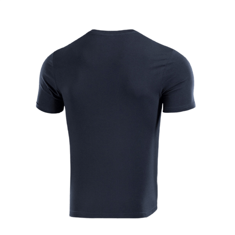 M-Tac T-shirt 93/7 i marineblå, set bagfra, viser pasform og holdbarhed, ideel til hverdagsbrug og sport, lavet af 93% bomuld og 7% elastan.