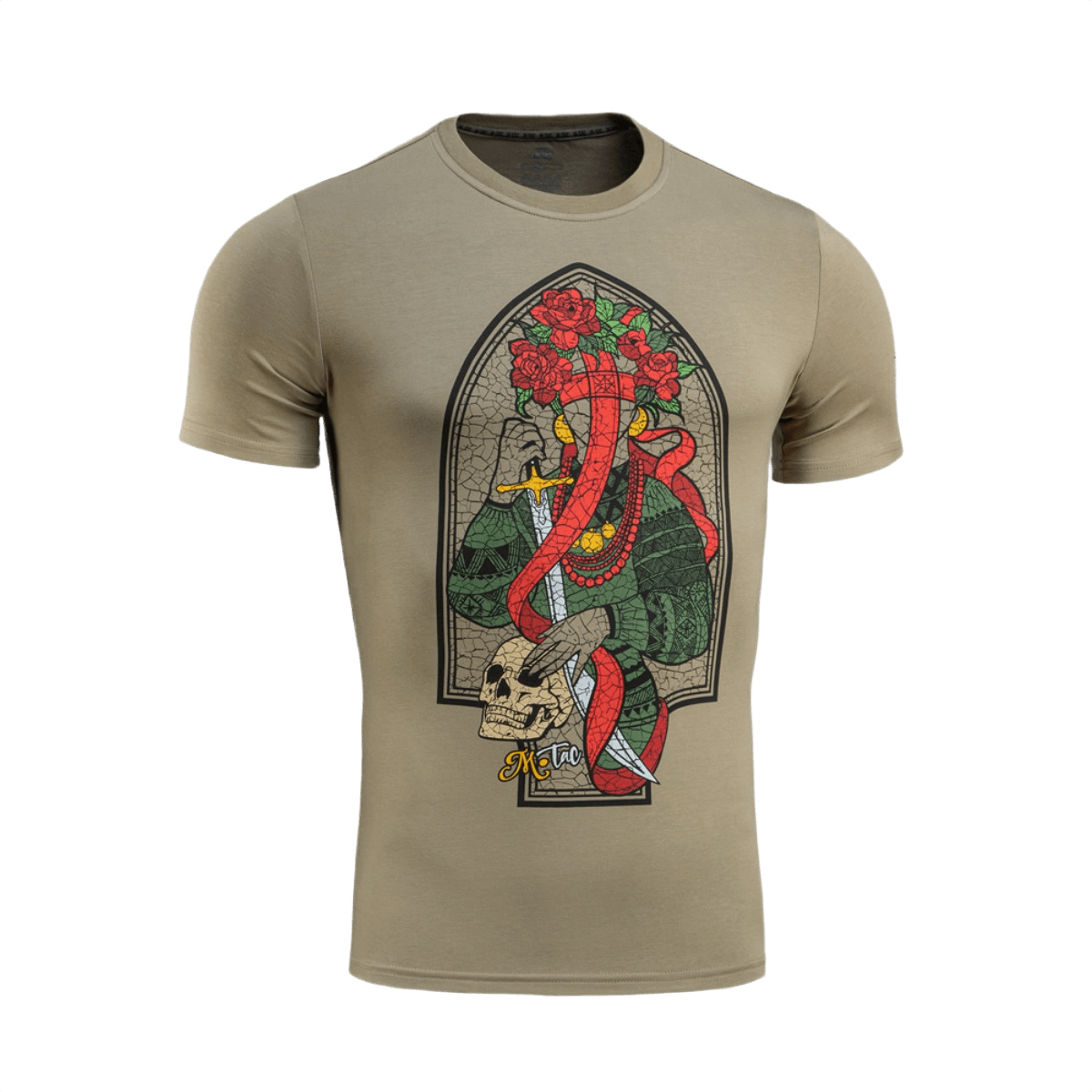 M-Tac T-Shirt Motanka med moderne design og traditionelt ukrainsk print af Motanka-dukke og tekst 'M-TAC. Terra Cosaccorum'.