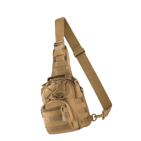 Tan M-Tac Urban Line City Patrol Fastex-veske med én skulderrem og lommer, laget av slitesterk vannavvisende 600D polyester.