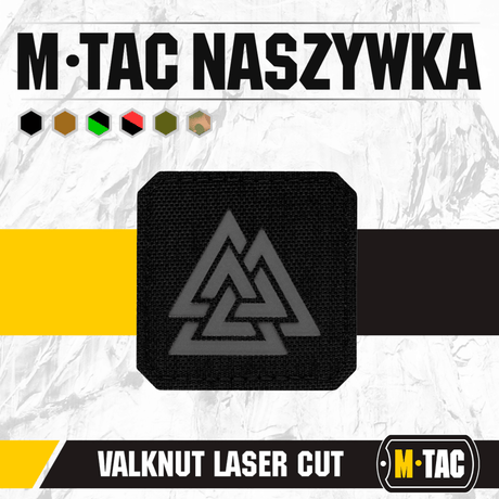 M-Tac Patch Valknut Laser Cut Odin symbol på sort baggrund med synlige detaljer. Ideelt til taktisk udstyr eller beklædning.