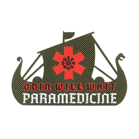 M-Tac Patch Viking Evac med teksten 'Odin Will Wait Paramedicine' i rødt og hvitt. Designet inneholder et vikingskip. Militær patch.