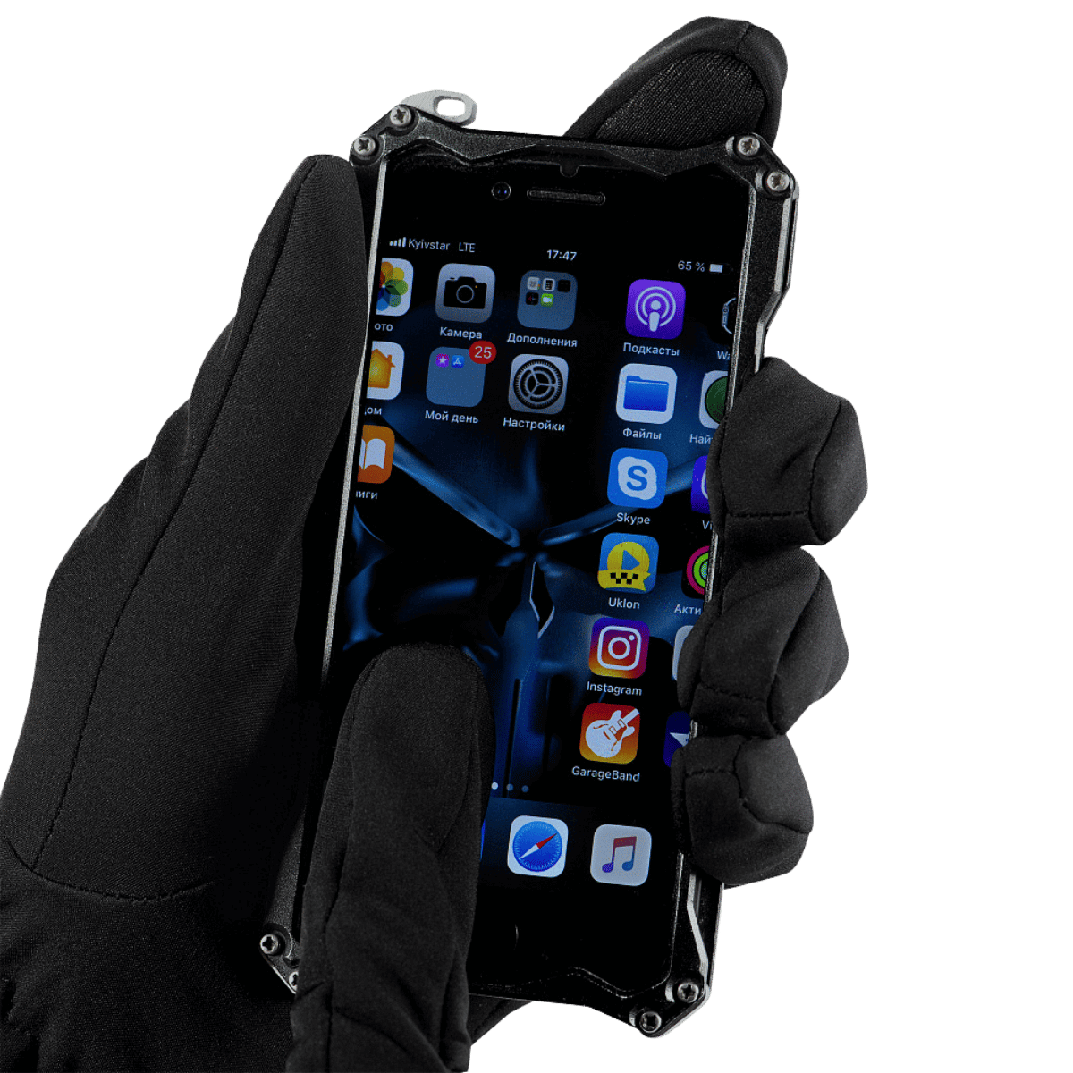 M-Tac Vinterhandsker Soft Shell holder en smartphone med ikoner, der viser handskens funktionalitet og vejrbeskyttelse.