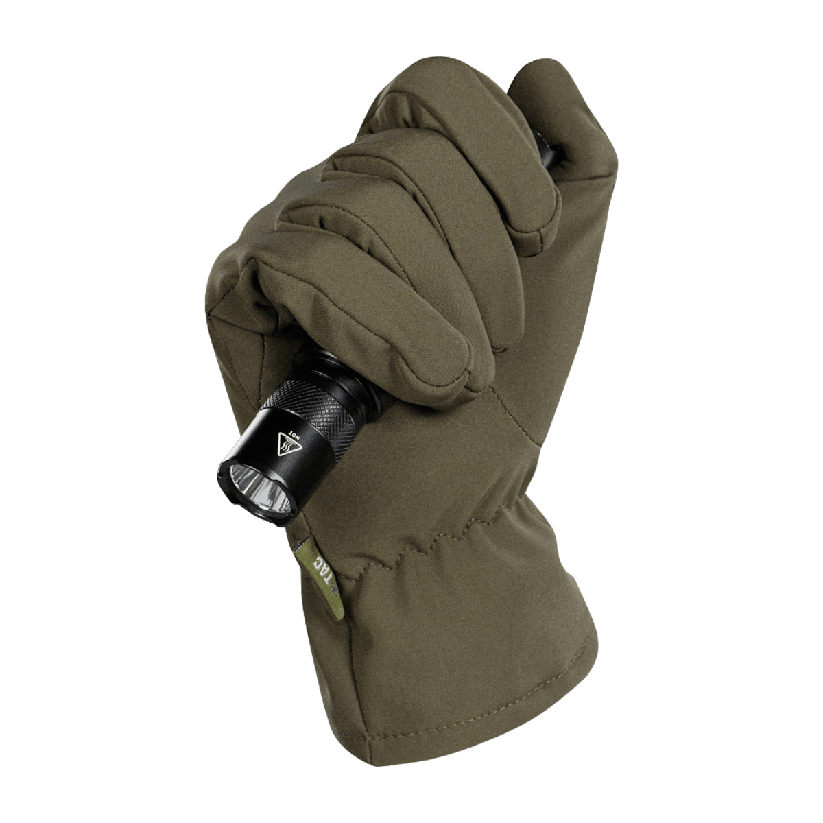 M-Tac Vinterhandsker Soft Shell i olivengrøn farve med lommelygte, ideel til udendørs brug i dårligt vejr, ergonomisk design.