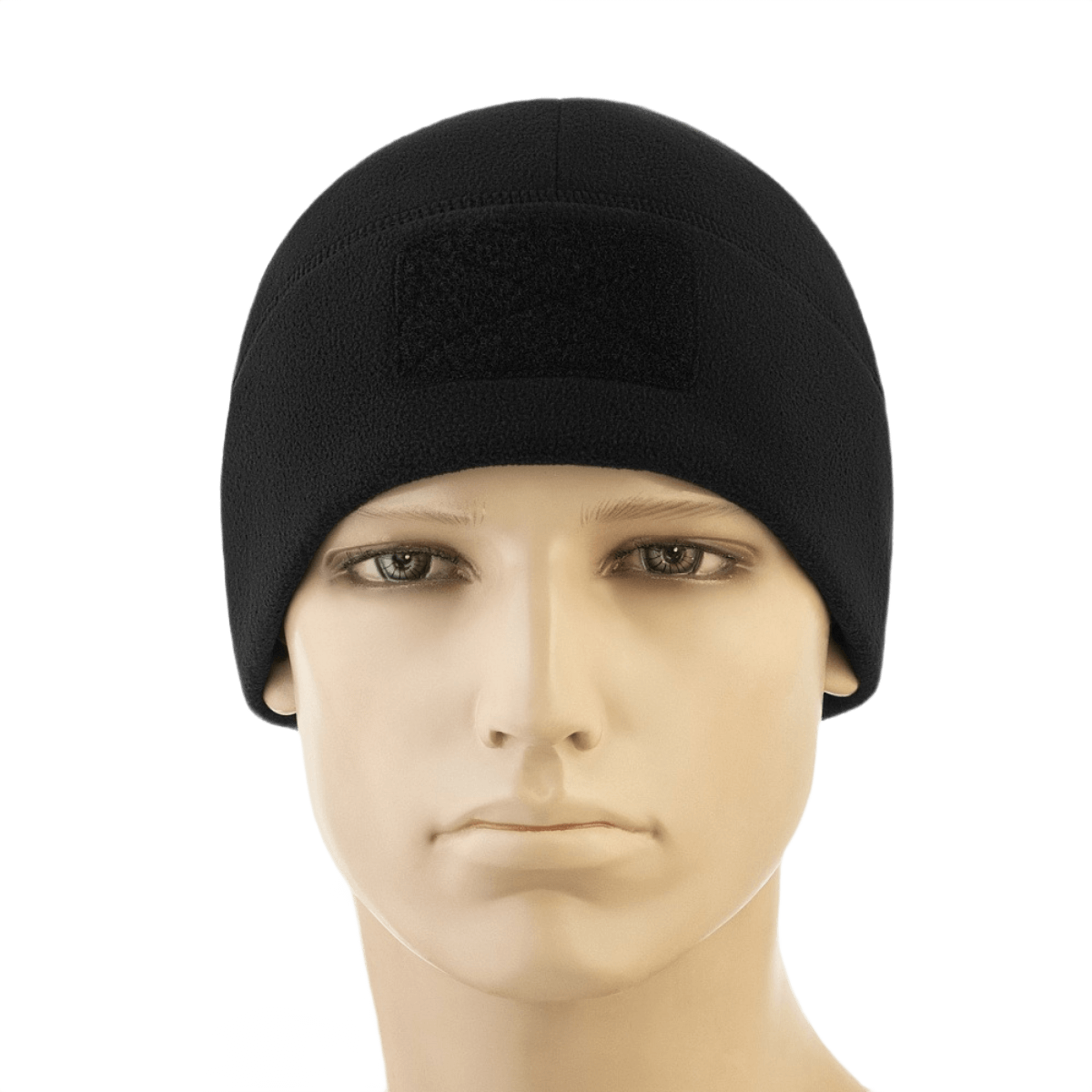 M-Tac Watch Cap Elite Fleece Beanie Hat Velcro med velcro-panel i sort, perfekt til outdoor og taktisk brug i koldt vejr.