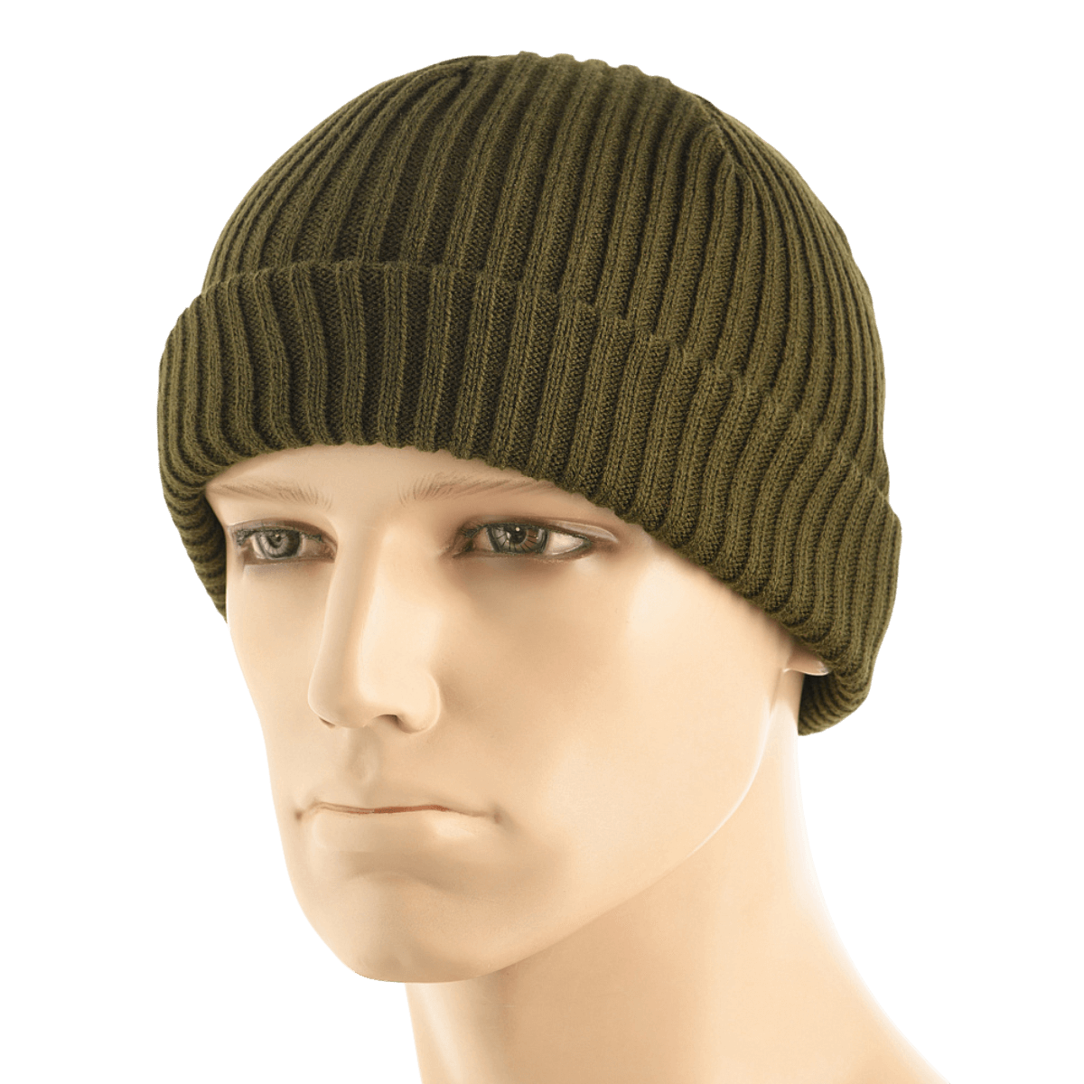 M-Tac Watch Cap 100% Akryl i olivengrøn, strikhue til koldt vejr med lav profil og dobbelt opslag for ekstra varme.
