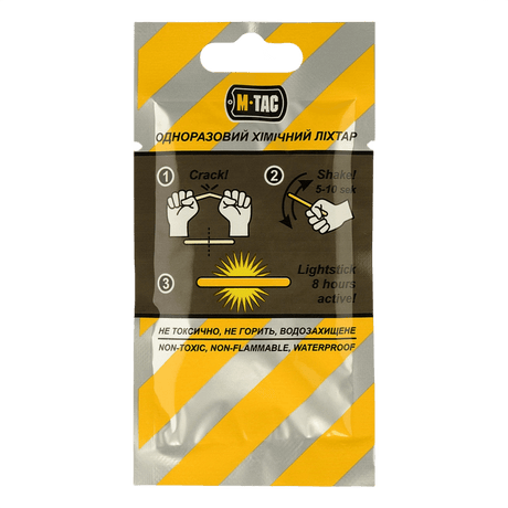 M-Tac Light Sticks 4,5x40 mm (10 stk) emballasje med instruksjoner og merking, ikke-giftig og vanntett design, opptil 8 timers lys.
