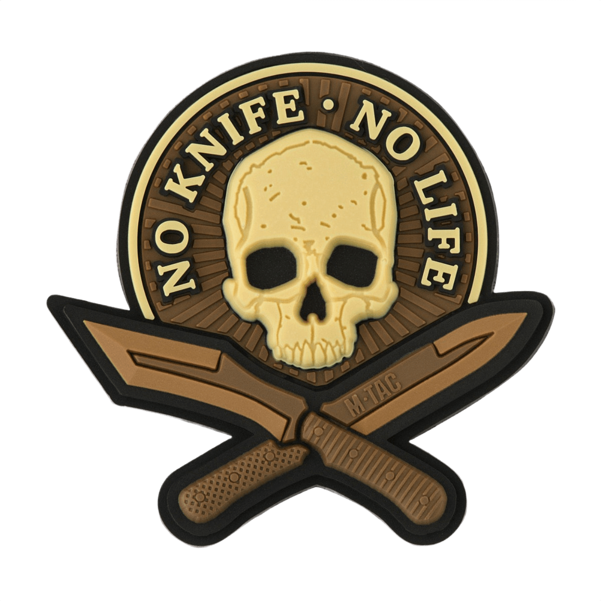 M-Tac Patch No Knife – No Life 3D PVC taktisk morale patch med kranie og knive, perfekt til uniform eller udstyr, 50 x 50 mm gummi med velcro.