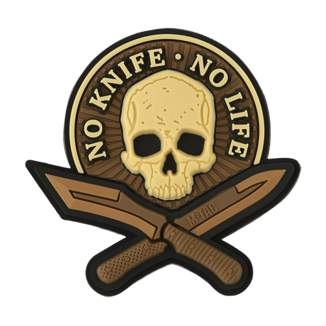 M-Tac Patch No Knife – No Life 3D PVC taktisk morale patch med skalle og kniver, perfekt for uniform eller utstyr, 50 x 50 mm gummi med Velcro
