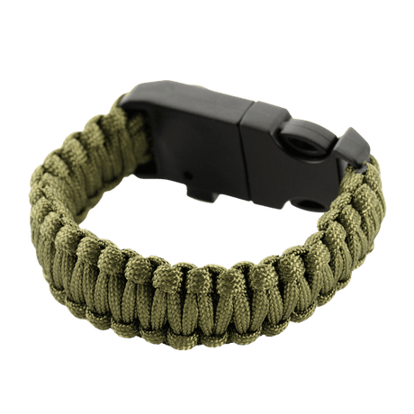M-Tac paracord-armbånd med ildstarter, kompass og fløyte til friluftsliv og overlevelse, sterkt og praktisk i militærstil.