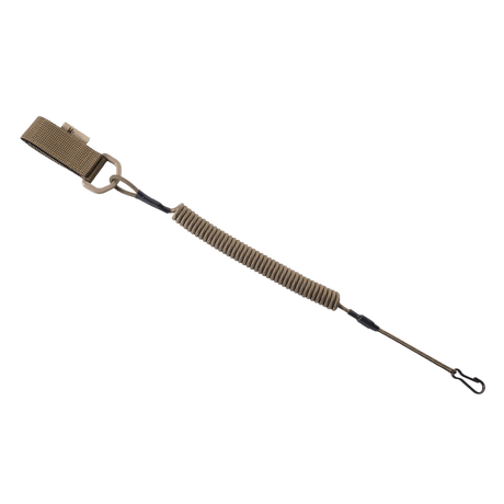 M-Tac Safety Cord med D-ring, spiralformet sikkerhedssnor med MOLLE-montering, til beskyttelse af udstyr som pistoler og nøgler.