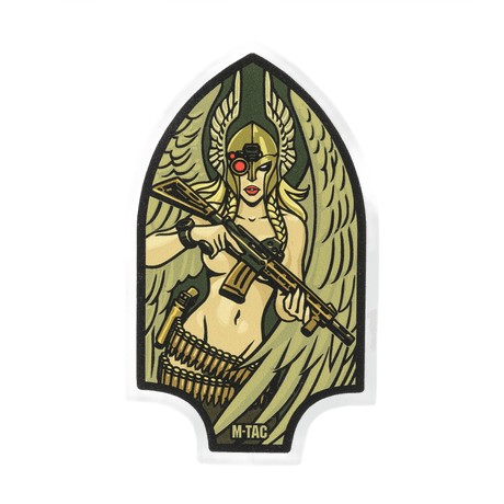M-Tac klistremerke Valkyrie viser en Valkyrie med hjelm og M4-rifle på Arrowhead-patch-bakgrunn, inspirert av mytologi og spesialstyrker.