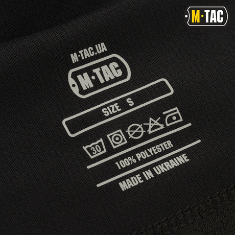 M-Tac Sweater-Ninja-Balaclava Premium vaskeinstruktioner og mærkat. Størrelse S, 100% polyester, fremstillet i Ukraine.