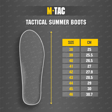 Størrelsestabell for M-Tac Taktiske Sommerstøvler med innleggssåleillustrasjon. Viktige data for korrekt M-Tac-støvelvalg.