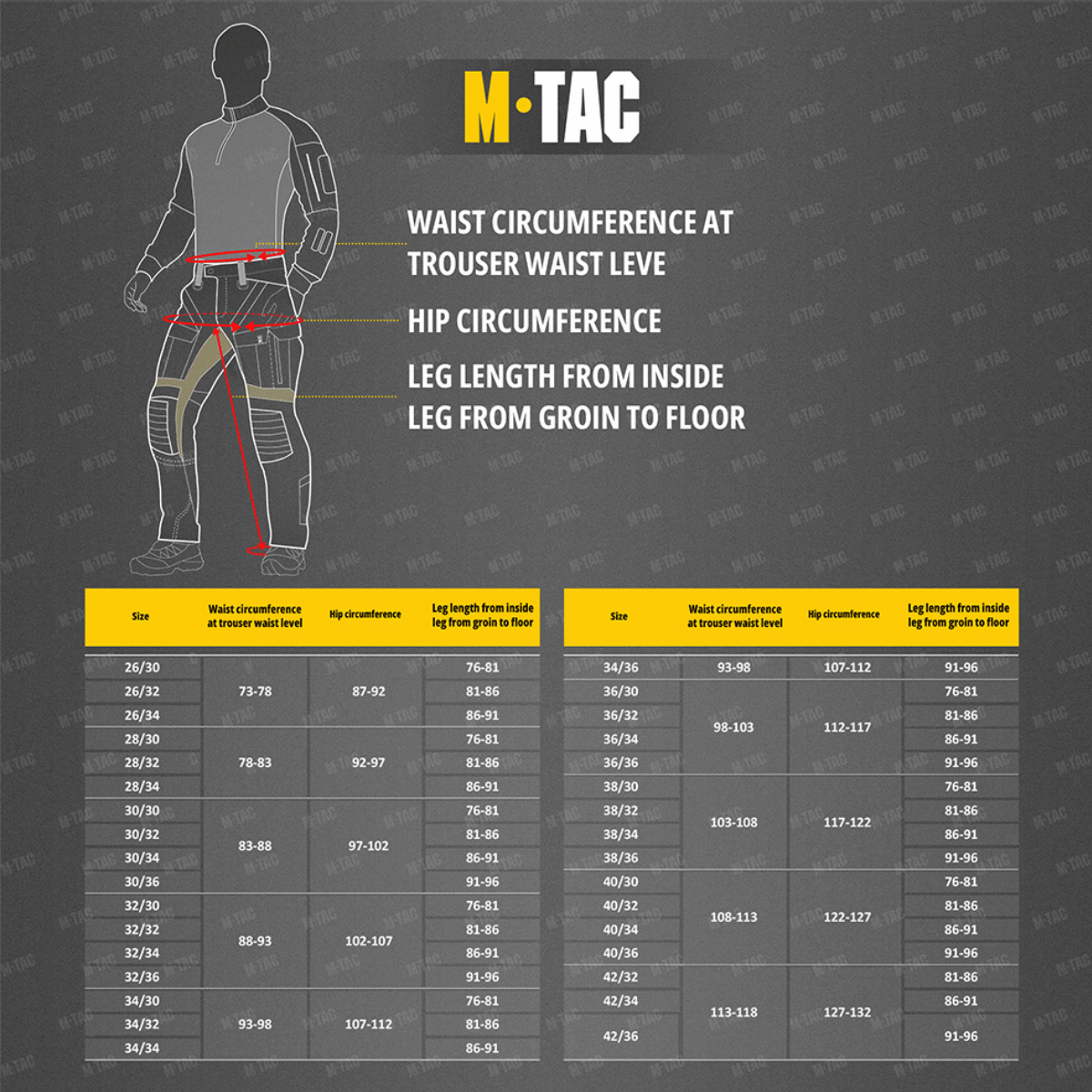 Størrelsesguide til M-Tac Bukser Aggressor Summer Flex med målinger for talje, hofte og benlængde, ideel til varmt vejr.
