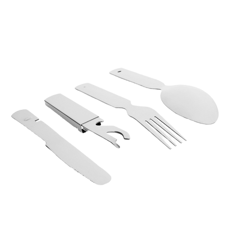 M-Tac Stål Bestiksett Large (4 deler) reisebestikk i kompakt etui med skje, gaffel, kniv og åpner, ideelt for camping og fotturer.