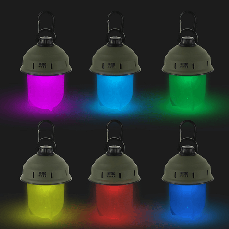 M-Tac Turist Hengelampe med RGB LED-lys i ulike farger, ideell for camping og utendørsaktiviteter.