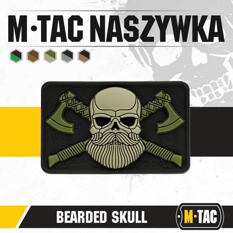 M-Tac Bearded Skull 3D PVC-patch med skjeggete kranium-design og Velcro for feste, slitesterk for militært og utendørs bruk.