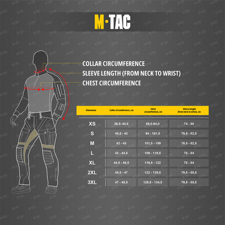 Størrelsesdiagram for M-Tac Thermal Rashguard T-Shirt, der viser kraveomkreds, ærmelængde og brystomkreds for forskellige størrelser XS til 3XL.
