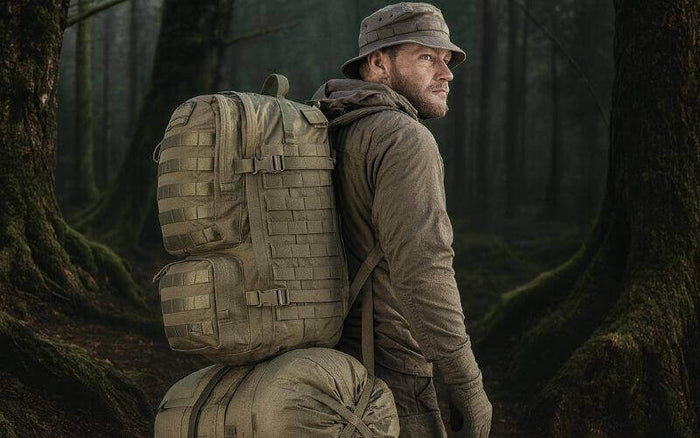 Mand iført rygsæk og hue i en skov omgivet af mørke træer, klar til eventyr og bushcrafting i det fri.