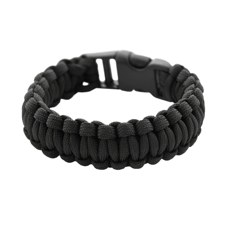 Svart M-Tac paracord-armbånd med sterkt og lett tau for overlevelsesbruk, ideelt for friluftsliv og militærinspirert stil.