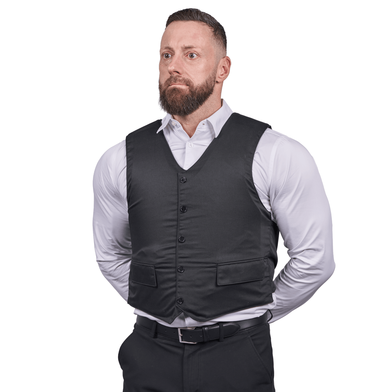 Mand iført Elite Armor VIP Stik & Skudsikker vest set forfra