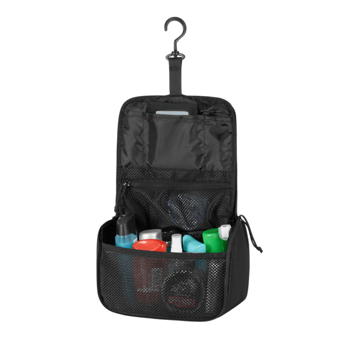 M-Tac Toilettaske i sort 600D polyester med PVC-belægning, åben og fyldt med toiletartikler, ideel til rejser og er vandafvisende.