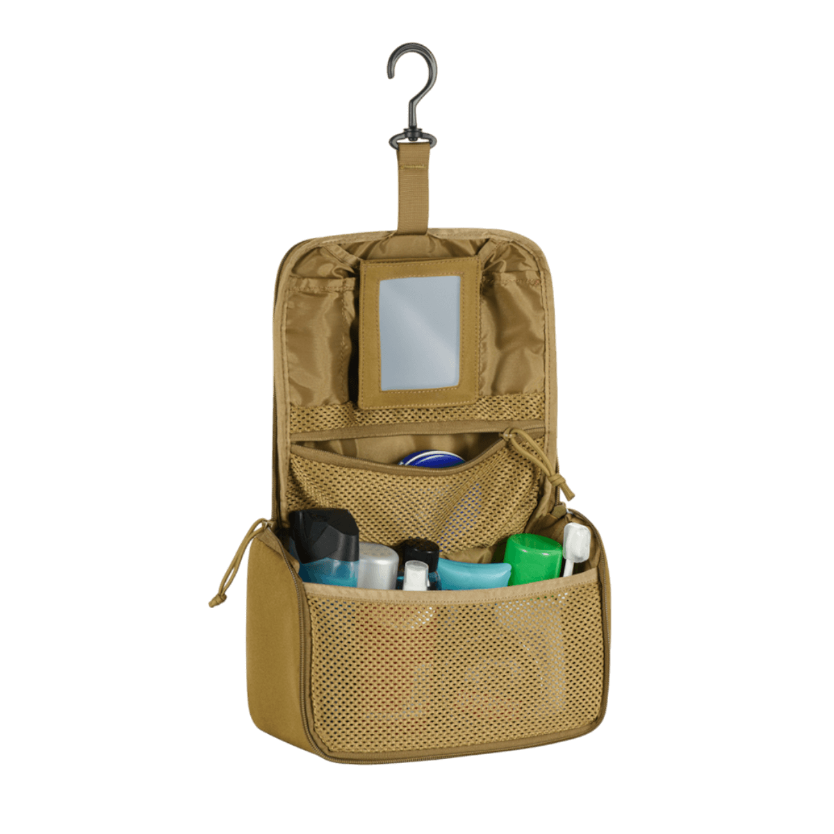 M-Tac Toilettaske i vandafvisende polyester, perfekt til tandbørste og cremer, ideel til rejser og opbevaring. Kompakt design, beige farve.