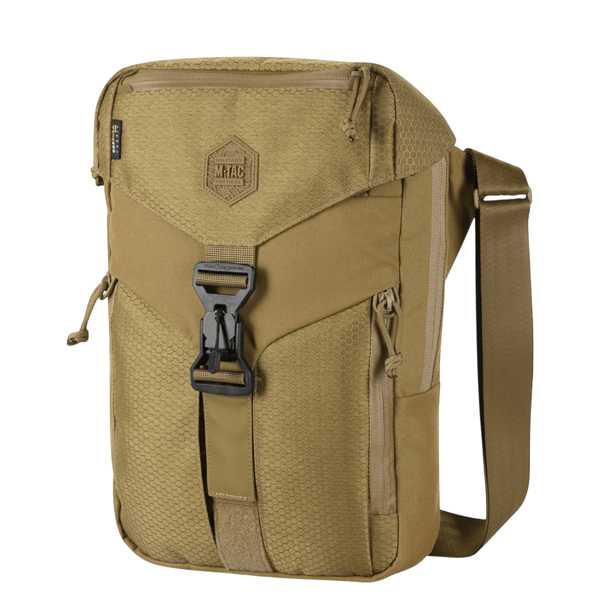 M-Tac Magnet XL Taske Elite Hex med skulderrem og FidLock lukning, beige farve, set forfra