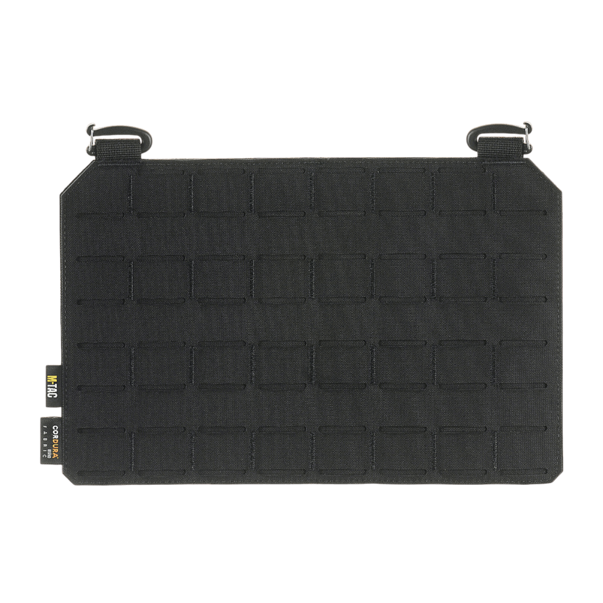 M-Tac Frontpanel til Plate Carrier Cuirass QRS XL i sort Cordura 500D med MOLLE-system og Woojin-kroge, set forfra.