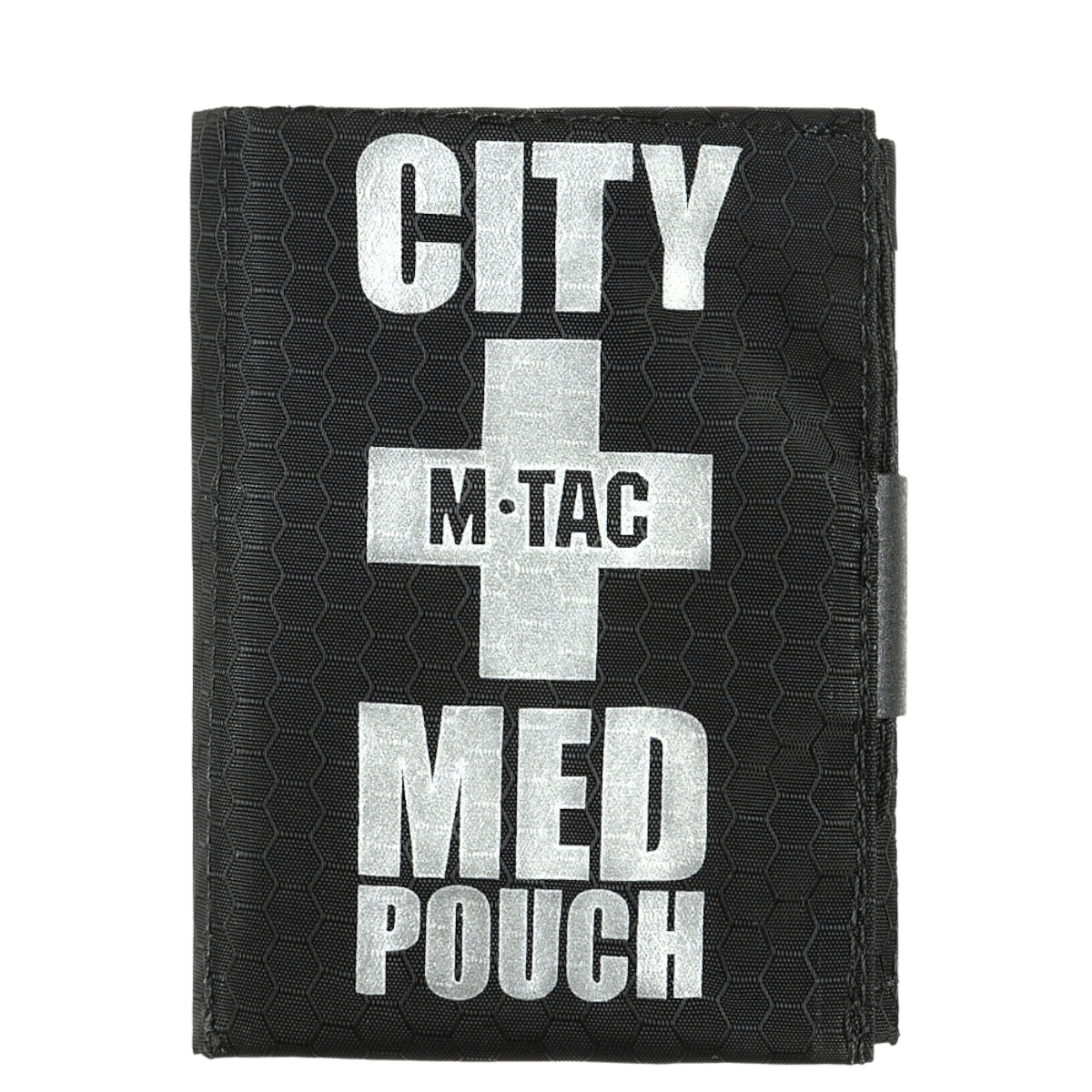 M-Tac City Med Pouch Hex i sort, kompakt førstehjælpskit med velcro lukning og medicinsk kors på forsiden.