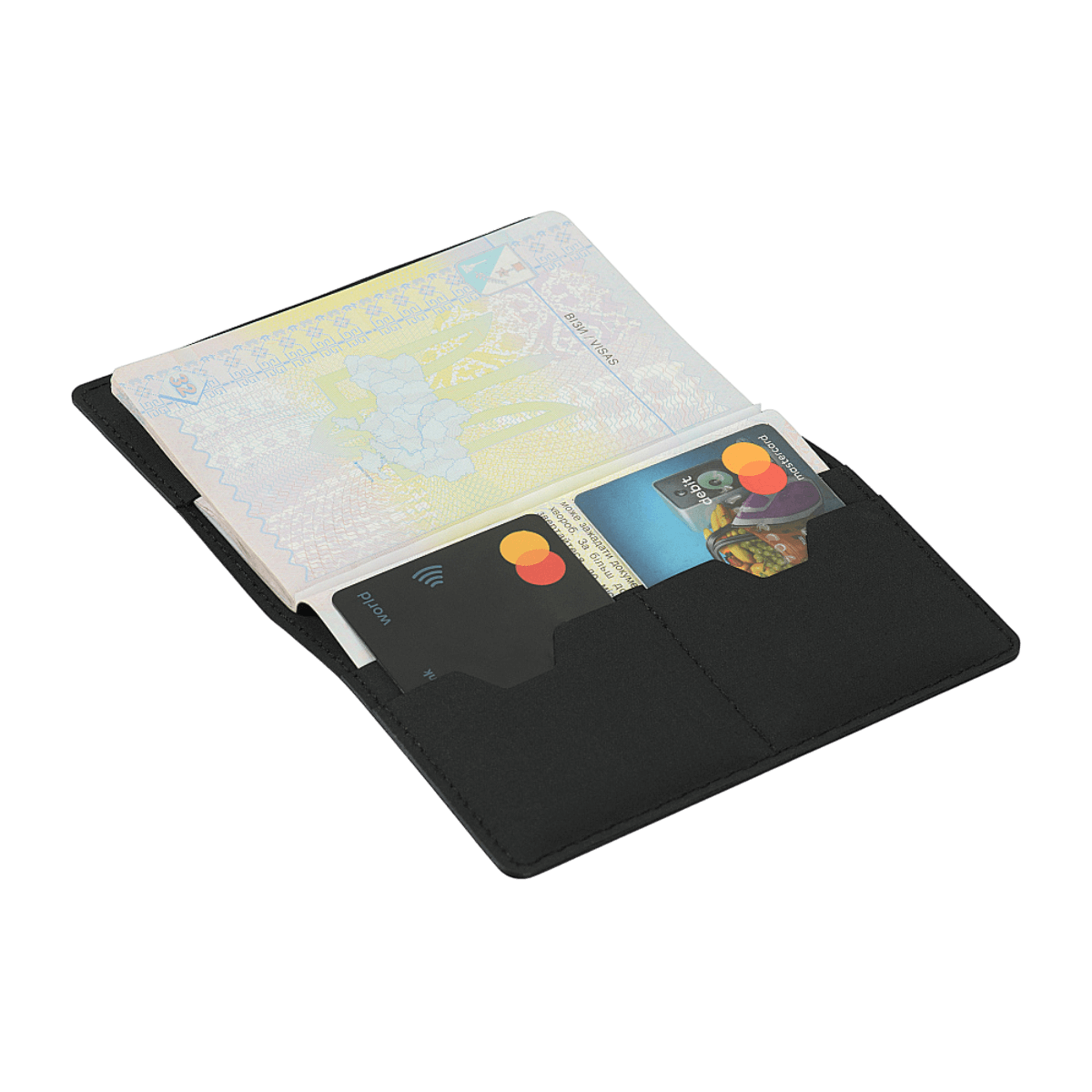 M‑Tac Pascover med åbent pas og plastkort i indvendige rum, sort polymerkomposit