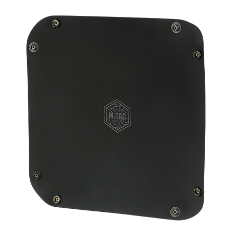 M‑Tac Vedligeholdelsesbakke 24x24 cm i slidstærkt polymer, foldbar med hexagon design og logo, ideel til våbenpleje.