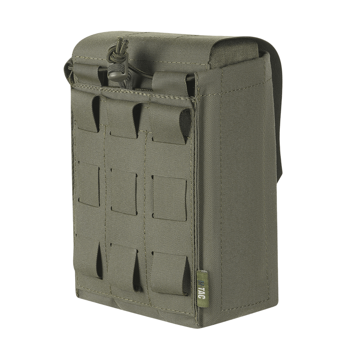 M‑Tac Medic Pouch Vertical Large Elite i slidstærkt grønt Cordura 500D materiale, designet til hurtig adgang og sikker opbevaring af medicinsk udstyr.