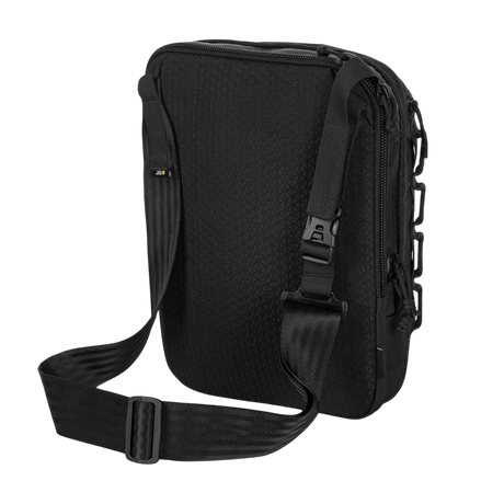 M-Tac Tablet Bag Laser Cut Hex i sort med justerbar skulderrem og flere rum til EDC, tablet og små laptops, fremstillet af Cordura.