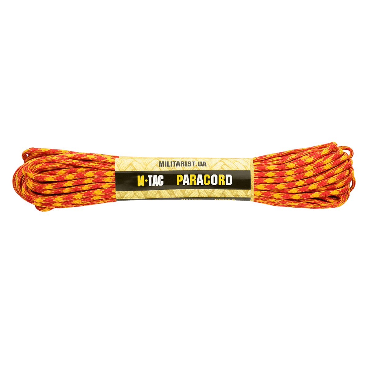 M‑Tac Paracord 550 Type III 15 m i orange og gul til friluft og nødbrug, stærk nylonkordel, 7 tråde, 240 kg brudstyrke.