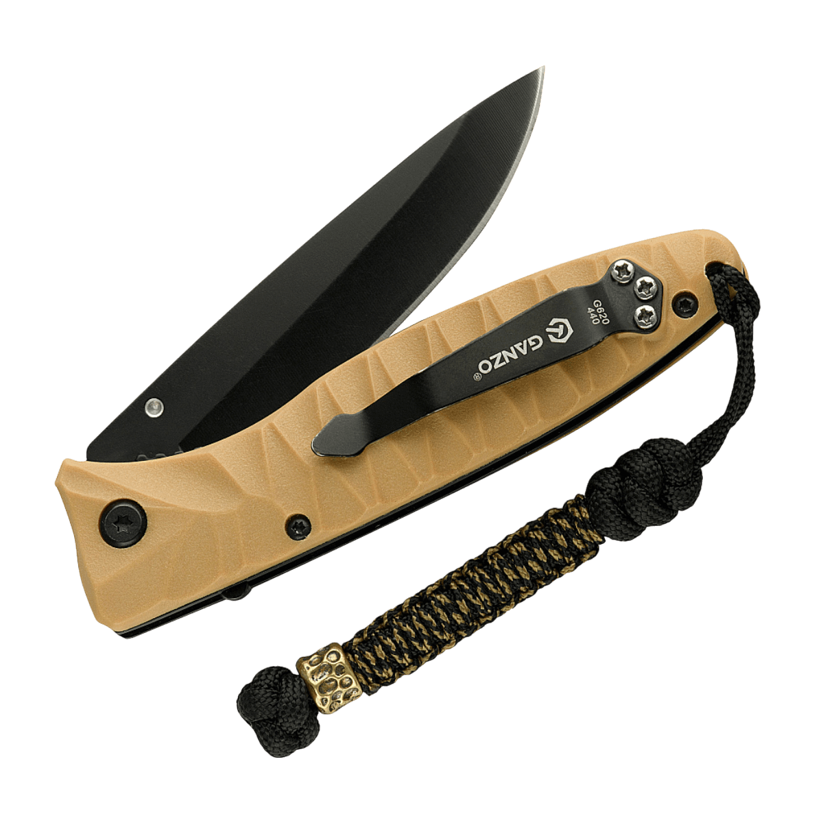 M-Tac Knife Lanyard Scandinavian Granule på en foldet lommekniv med flettet paracord og sort knivblad.