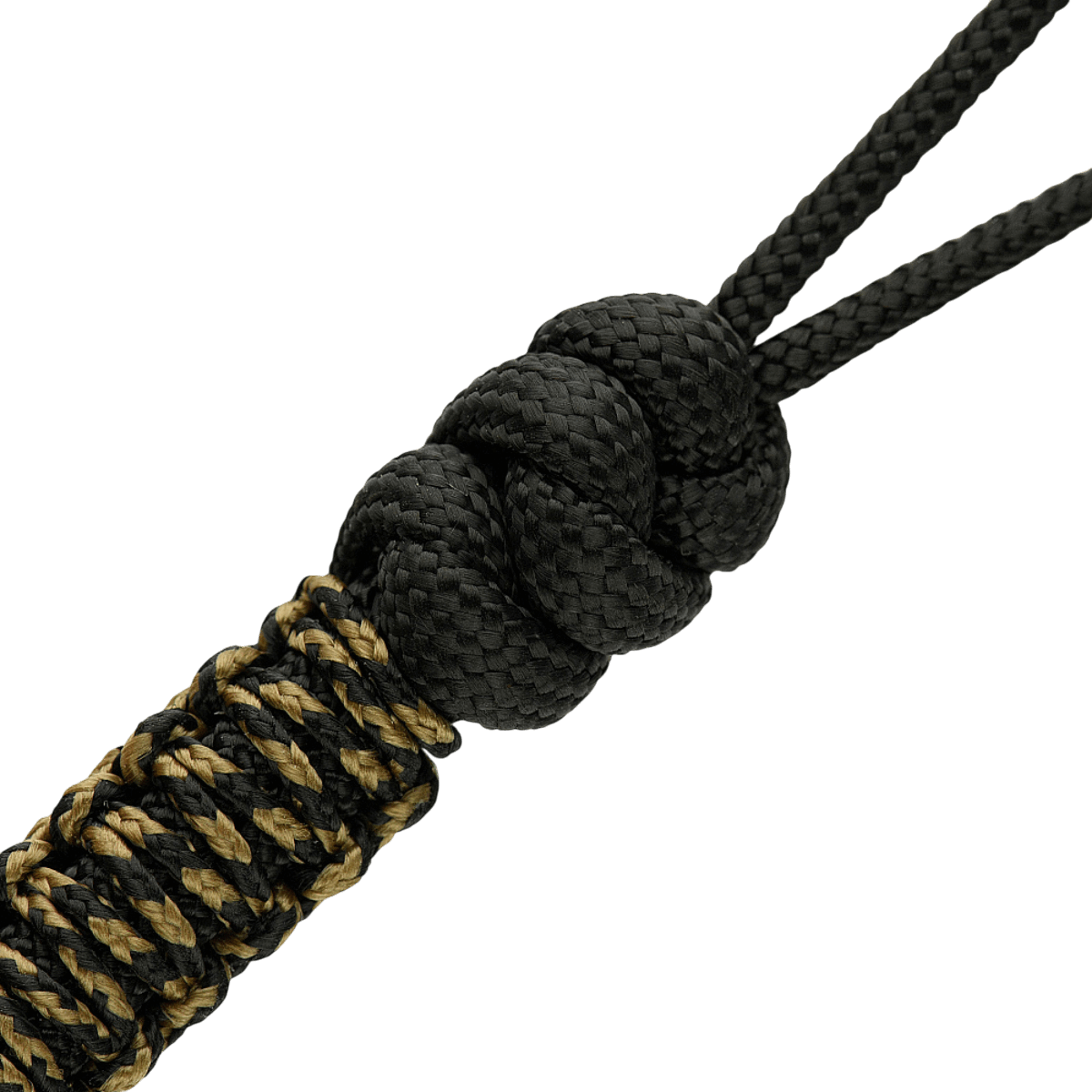 M-Tac Knife Lanyard Scandinavian Granule paracord detalje med flettet mønster i sort og gyldne nuancer til lommeknive.