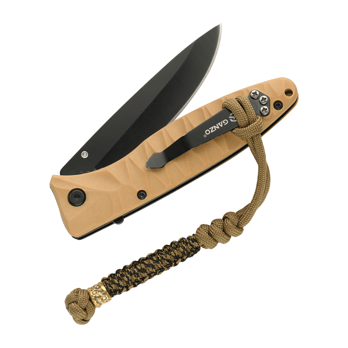 M-Tac Knife Lanyard Scandinavian Granule attached to a tan folding knife, showcasing a braided paracord design for easy access.