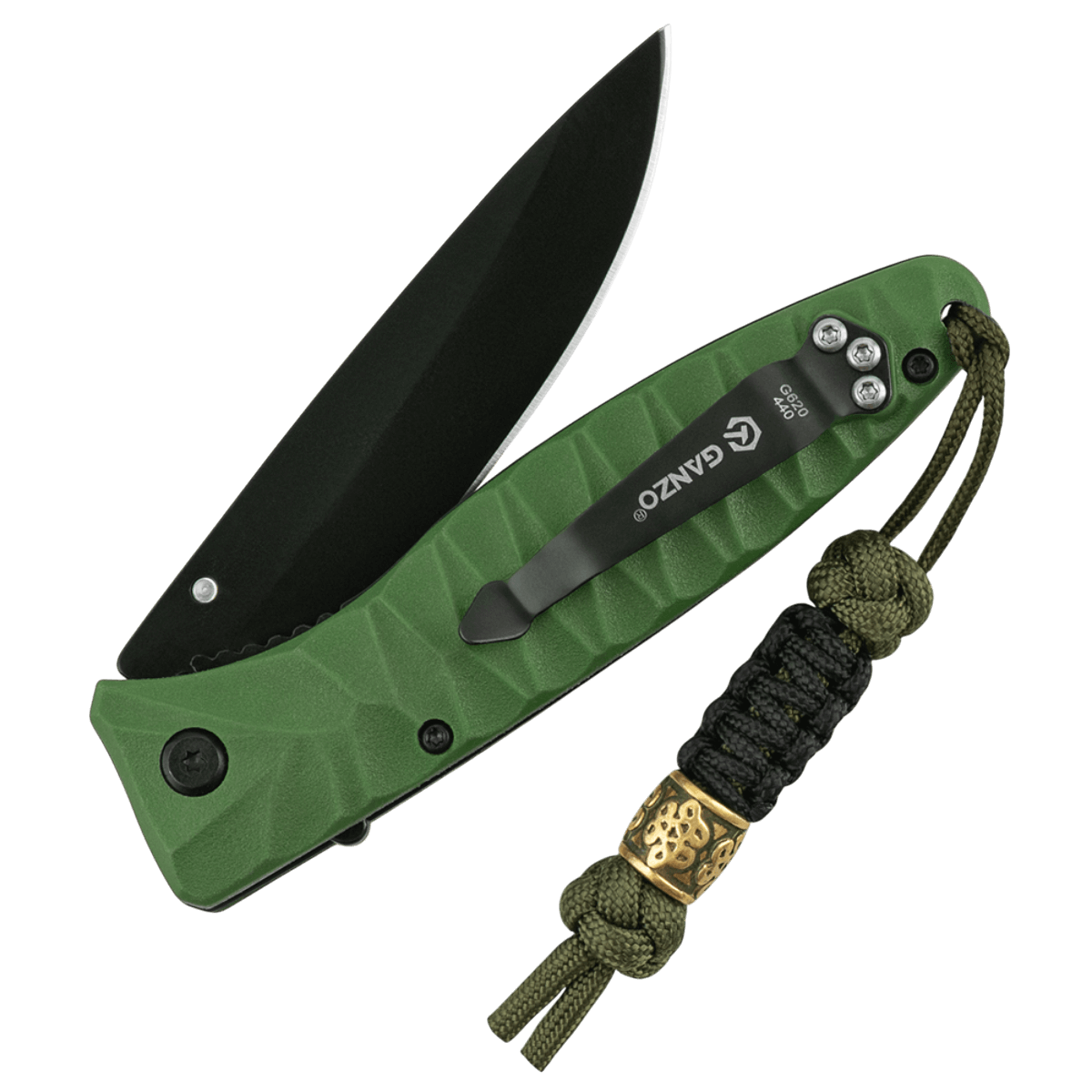 M-Tac Lanyard Scandinavian Small Chinese Knot on a green knife handle with decorative bead in close-up.