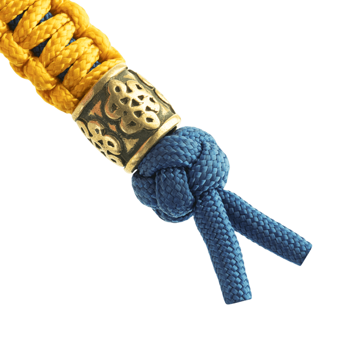 M-Tac Lanyard Scandinavian Small Chinese Knot med skandinavisk inspireret dekorativ perle, gult og blåt snoet paracord design.