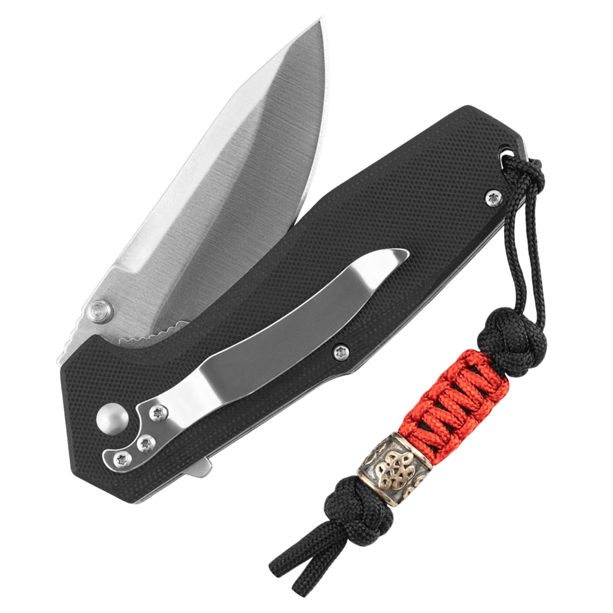 M-Tac Lanyard Scandinavian Small Chinese Knot attached to a knife, featuring decorative Scandinavian bead.