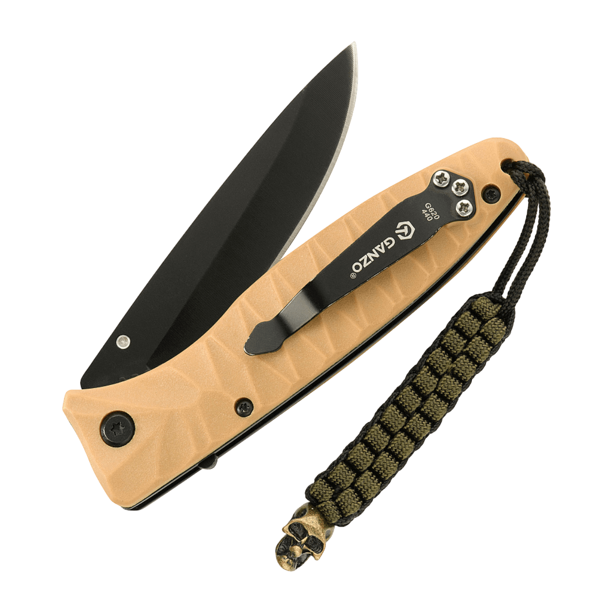 M-Tac Knife Lanyard Cuboid Skull med flettet paracord og dekorativ Cuboid Skull-perle, vedhæftet på foldbar kniv med åbent blad.