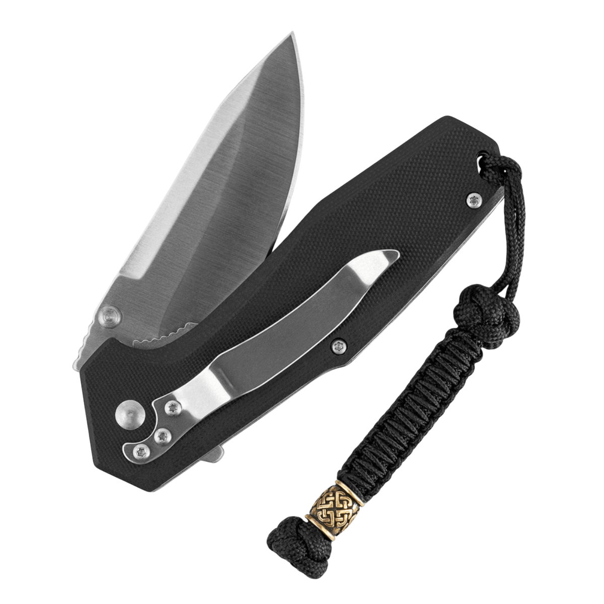 M-Tac Knife Lanyard Celtic på en sammenklappelig kniv, stilfuldt paracord tilbehør, praktisk til knive og andet udstyr.