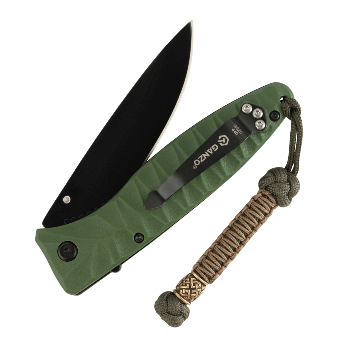 Grøn foldekniv med M-Tac Knife Lanyard Celtic i flettet paracord, stilfuldt tilbehør til lettere adgang og forbedret personlig stil.